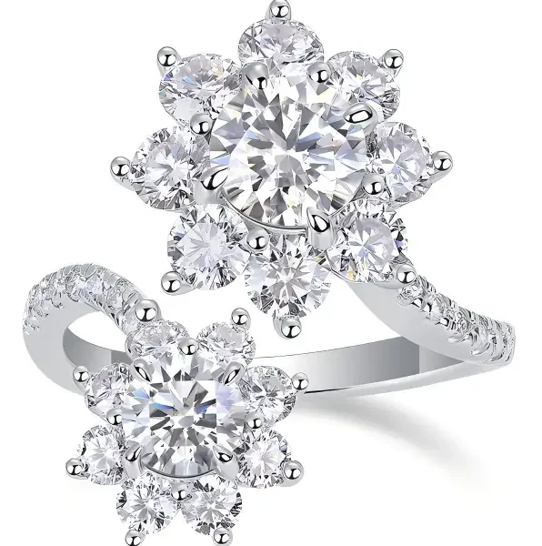 Toi et Moi Double Floral Cluster Moissanite Ring with Pavé Band