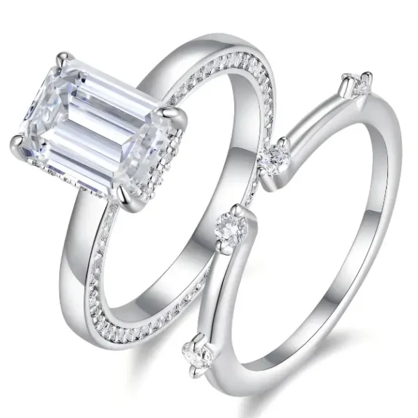 Emerald Cut Moissanite Ring Set with Curved Crown Enhancer Band