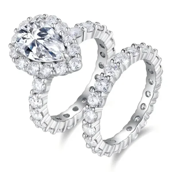 Pear Shape Halo Moissanite Engagement Ring and Eternity Wedding Band Bridal Set