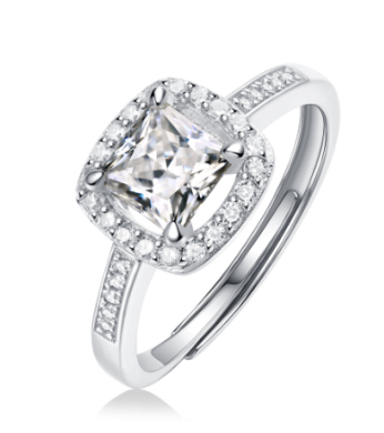 925 Silver Moissanite Engagement Ring – 1CT Center Stone with Halo & Paved Side Stones