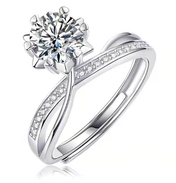 Shimmering 925 Silver Twisted Band Six-Prong Moissanite Engagement Ring
