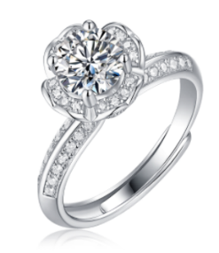 Vintage Floral Halo 925 Silver Moissanite Ring | Paved Shoulders Adjustable Promise Ring