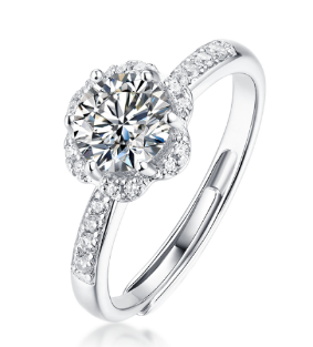 Sparkling 925 Silver Flower Halo Moissanite Ring – Brilliant Round Cut Center Stone