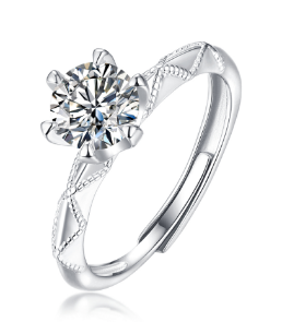 Vintage Engraved 925 Silver Moissanite Ring 6-Prong Round Cut Solitaire Promise Ring