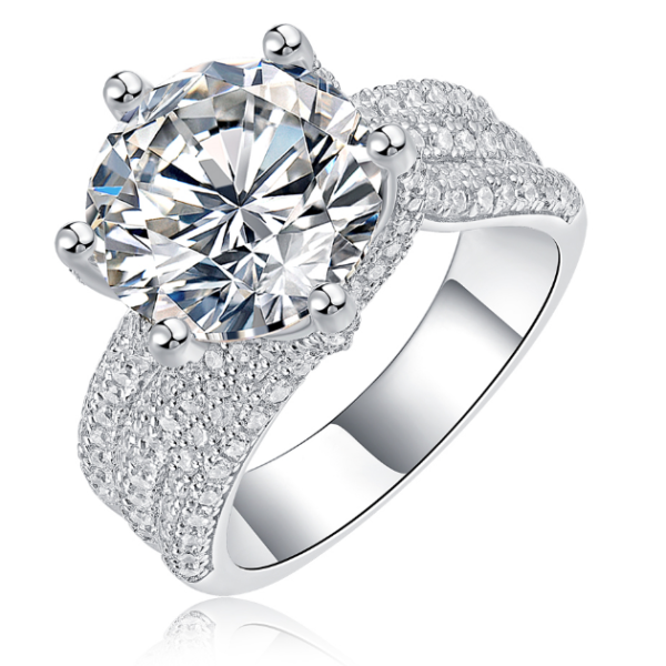 925 Sterling Silver Fine Jewelry Grand Paved Round Cut Moissanite Ring