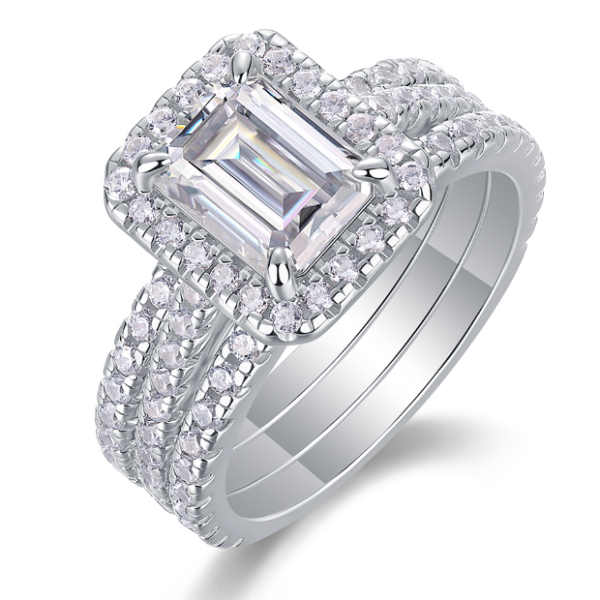 Glamorous Triple Halo Emerald Moissanite Bridal 925 Sterling Silver High End Statement Ring