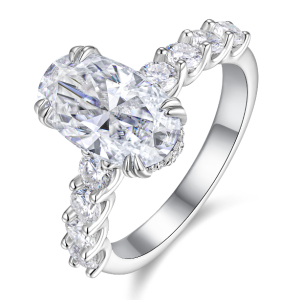 Elegant Oval Cut Moissanite Ring 925 Sterling Silver Paved Side Stones Hidden Halo Accent Timeless Engagement Ring