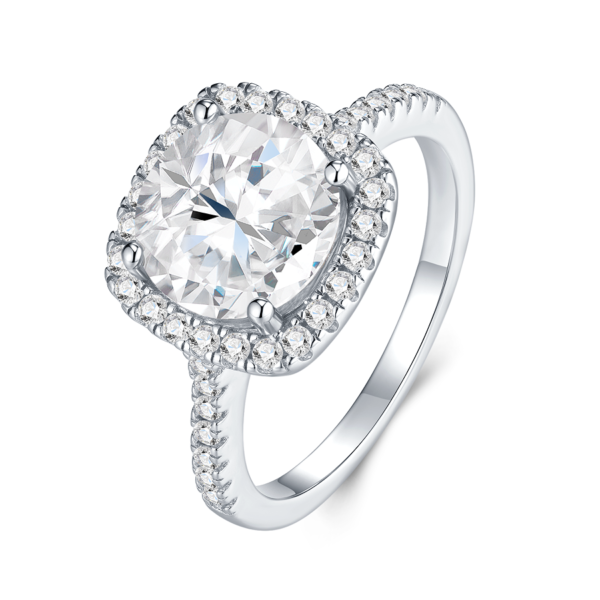 Premium Double Halo Cushion Moissanite Ring 925 Sterling Silver Paved Shank High End Engagement Ring