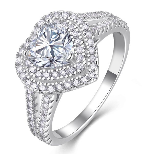 Radiant Double Halo Heart Cut Moissanite Ring 925 Silver Paved Split Shank Elegant Promise Ring