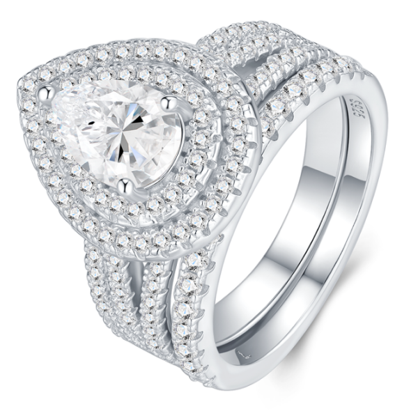Luxe Pear Cut Moissanite Bridal 925 Silver Double Halo Full Paved Shank Adjustable Wedding Ring