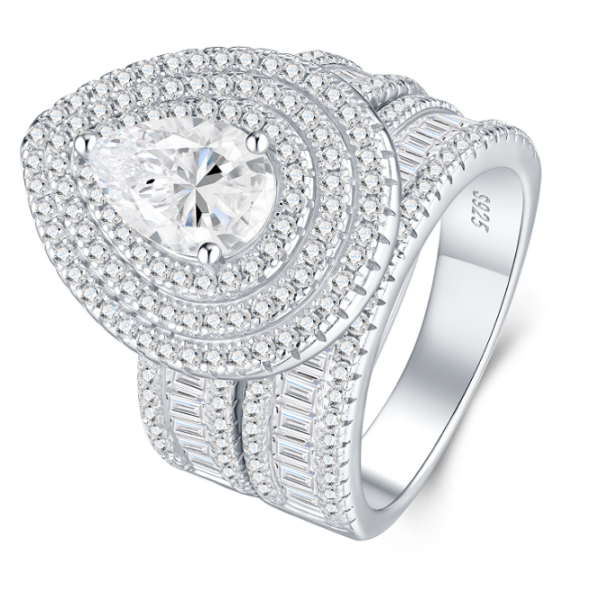 925 Sterling Silver Pear Cut Triple Halo Moissanite Engagement Ring