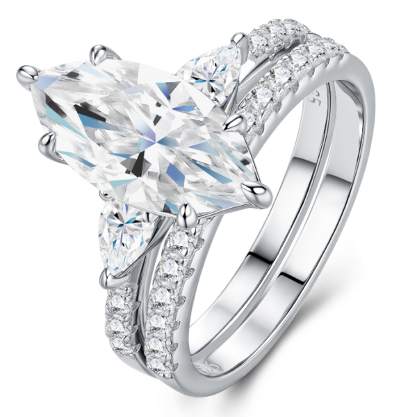 Elegant Marquise Cut Moissanite Bridal Set 925 Sterling Silver Pear Wedding Ring
